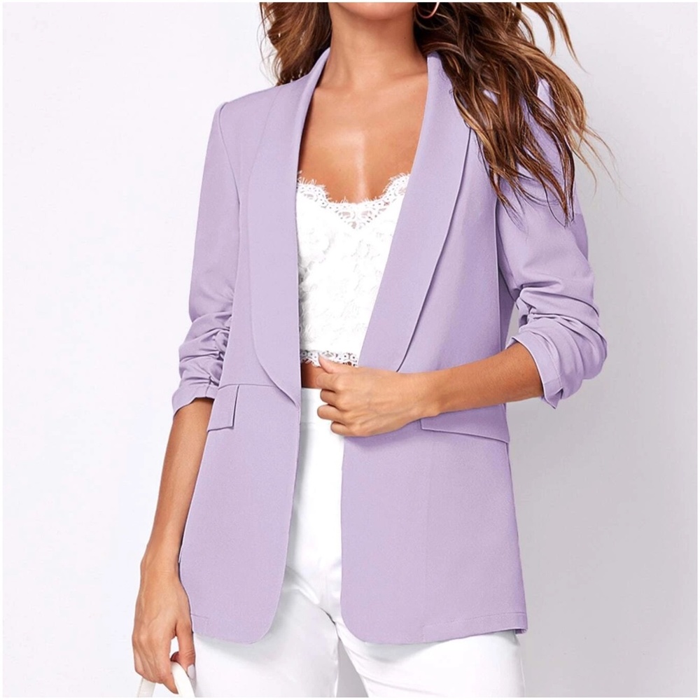 Classic Ruched 1/2 Sleeve Open Front Blazer - Picture 12 of 12
